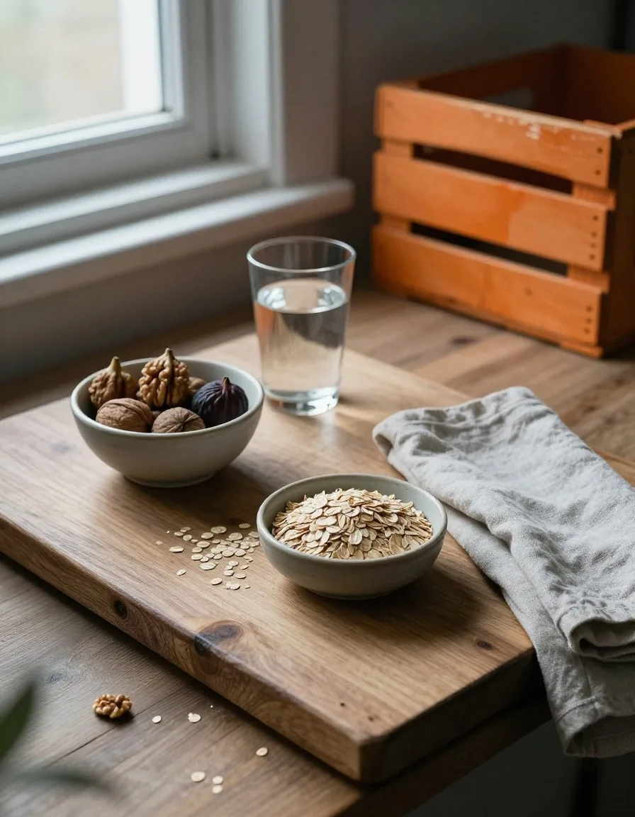 Provisions du matin sur un plan de travail en pin