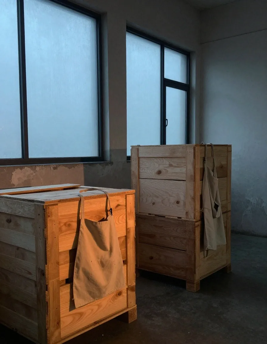 Lumière de l'aube sur des caisses en pin dans un entrepôt français