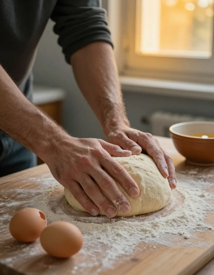Mains préparant des aliments sur une planche en bois à l'aube