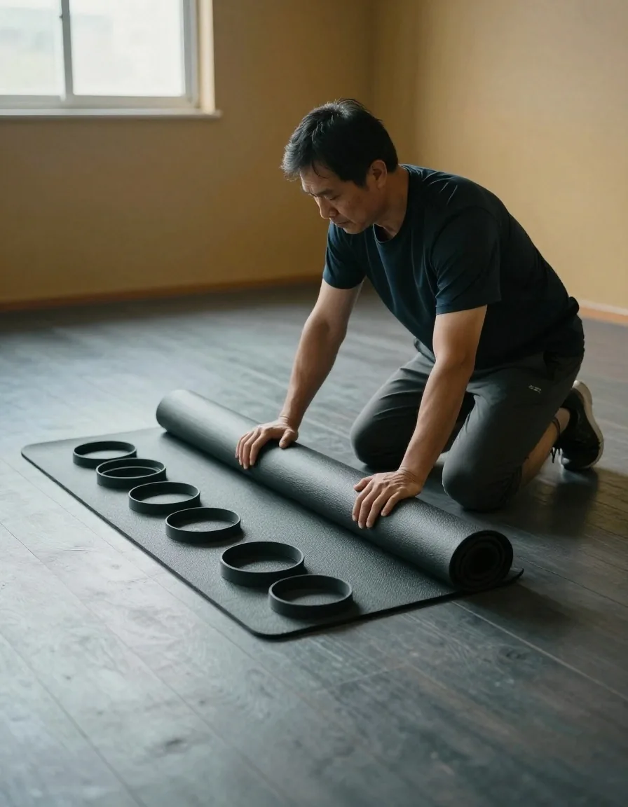 Rédacteur entraînement organisant un tapis au sol