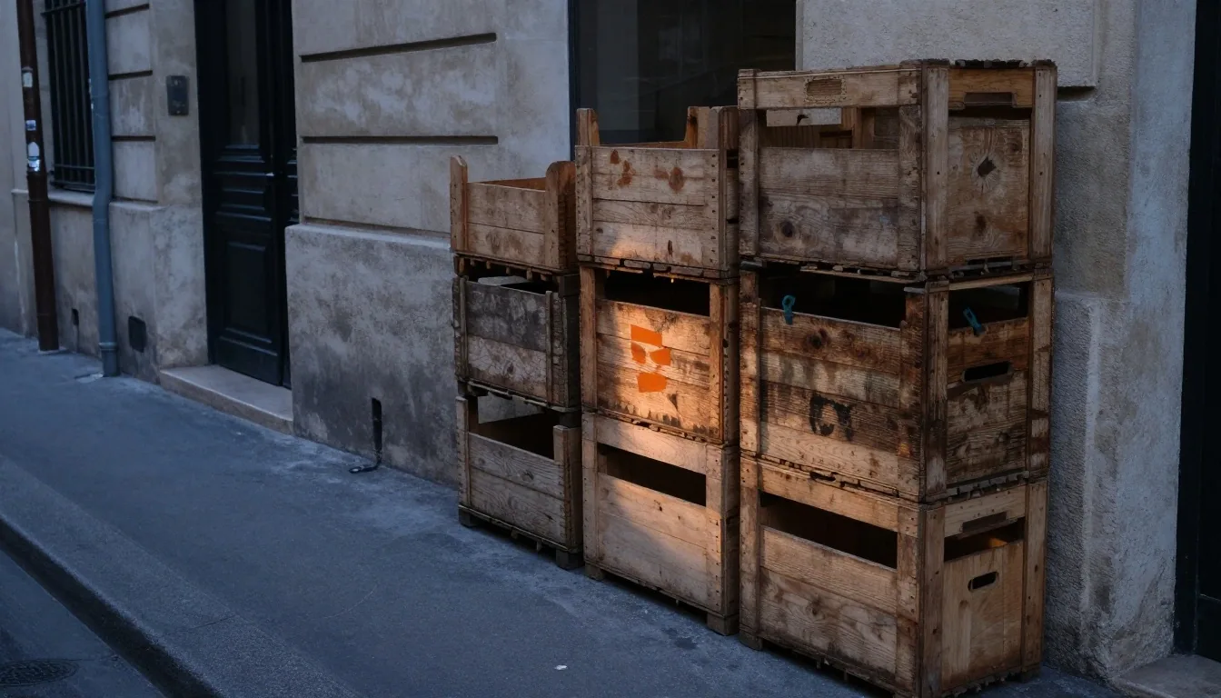 Rue à l'aube avec des caisses en pin le long d'un mur