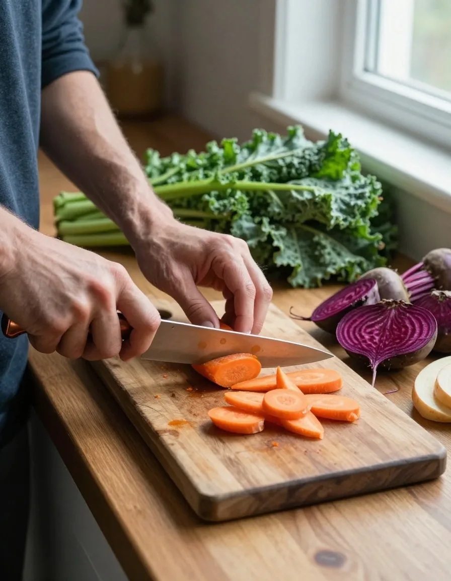 Préparation de légumes frais sur planche en bois