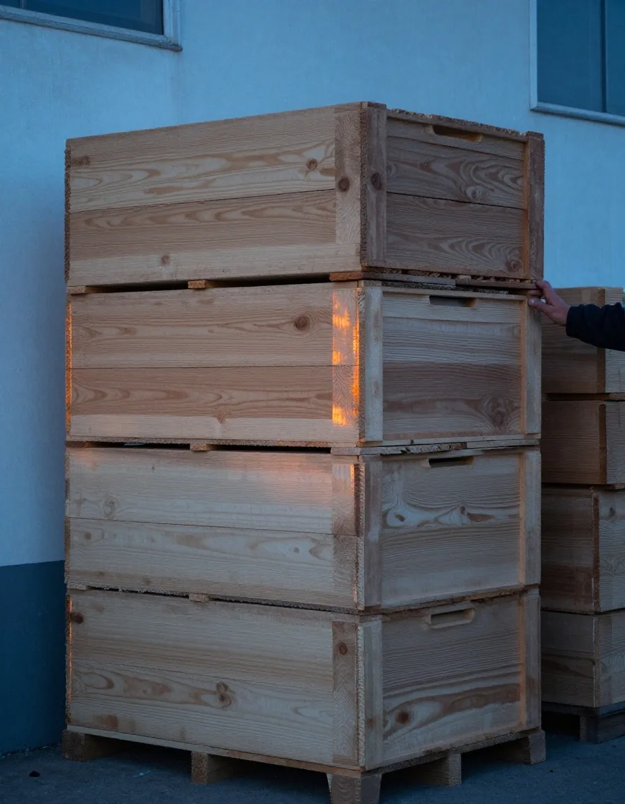 Caisses en bois empilées au petit matin