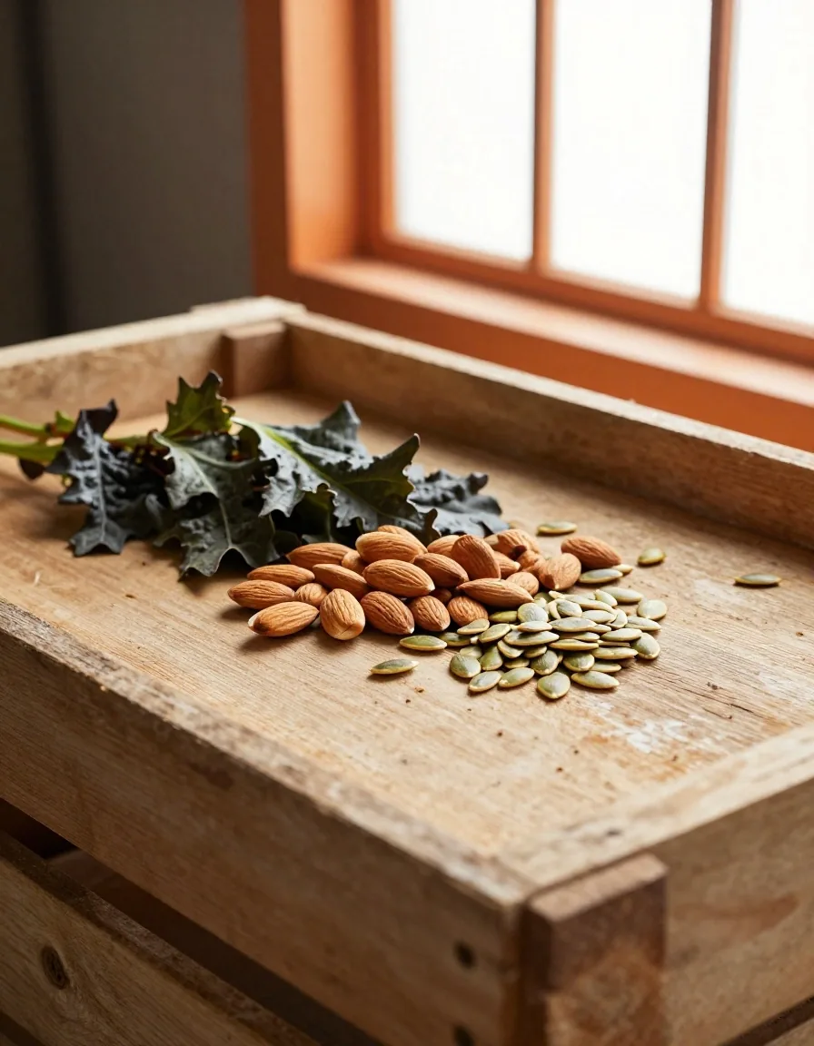Amandes, graines de courge et légumes verts sur plateau en pin