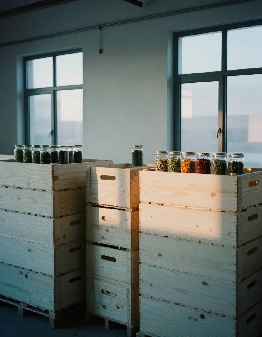 Intérieur d'entrepôt de marché français à l'aube avec des caisses en bois stencillées