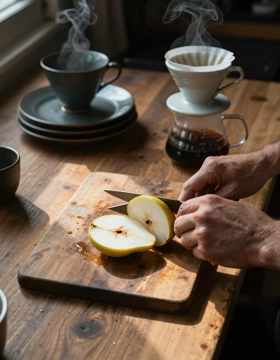 Préparation d'un petit-déjeuner matinale sur un plan de travail en pin