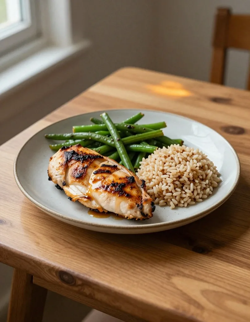 Assiette déjeuner : poulet grillé, haricots verts et riz complet sur une table en pin