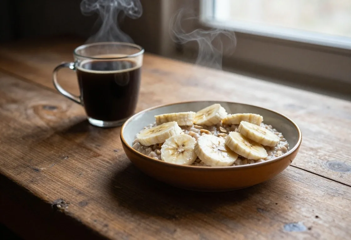 Bouillie d'avoine du matin avec banane et café sur une table en pin