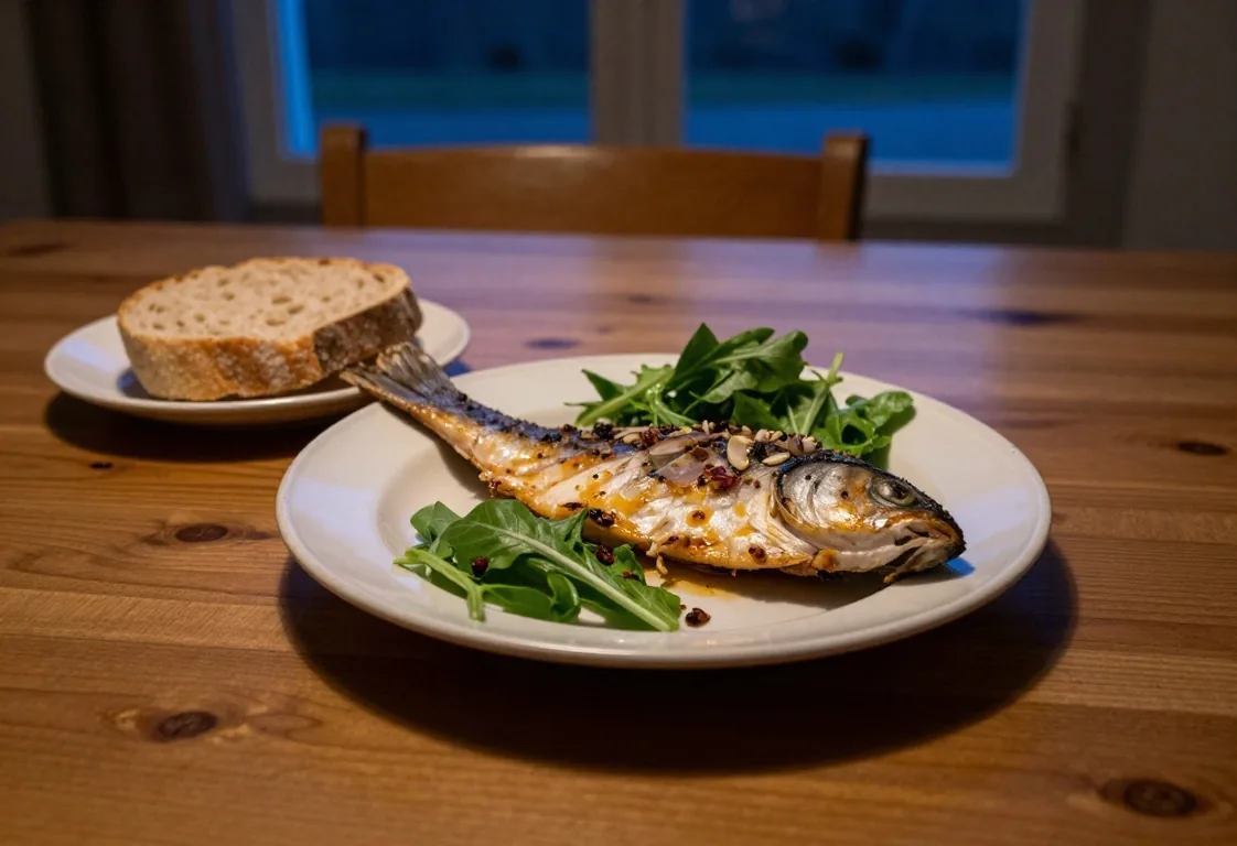 Dîner léger : poisson au four, salade et pain complet sur une table en pin au crépuscule
