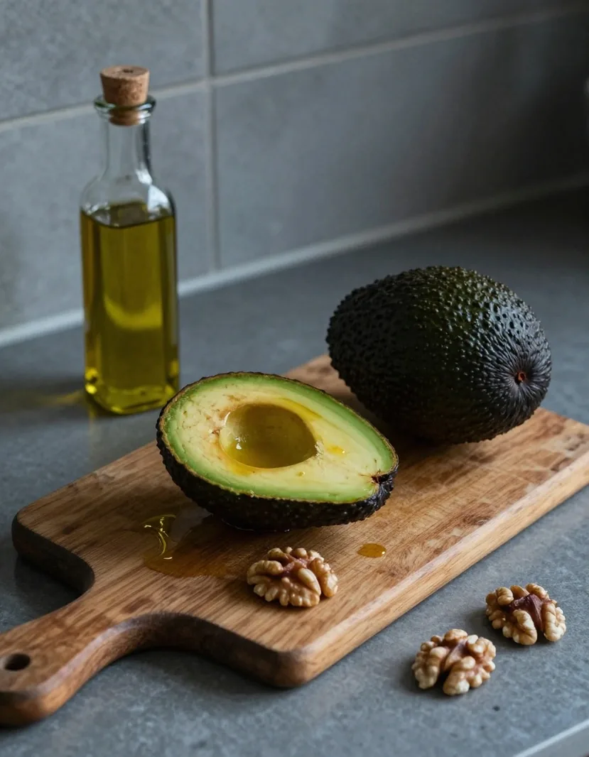 Huile d'olive, avocat et noix sur un plan de travail en pin