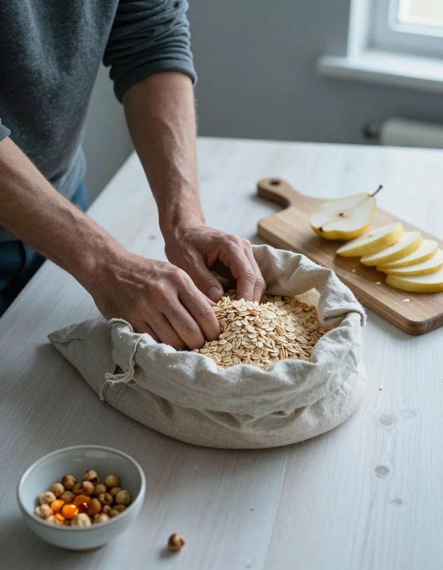 Mains d'un homme préparant des aliments sur un plan de travail en pin à l'aube