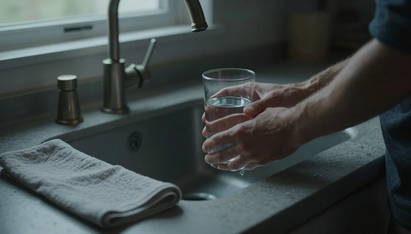 Verre d'eau posé sur un plan de travail en pin à l'aube