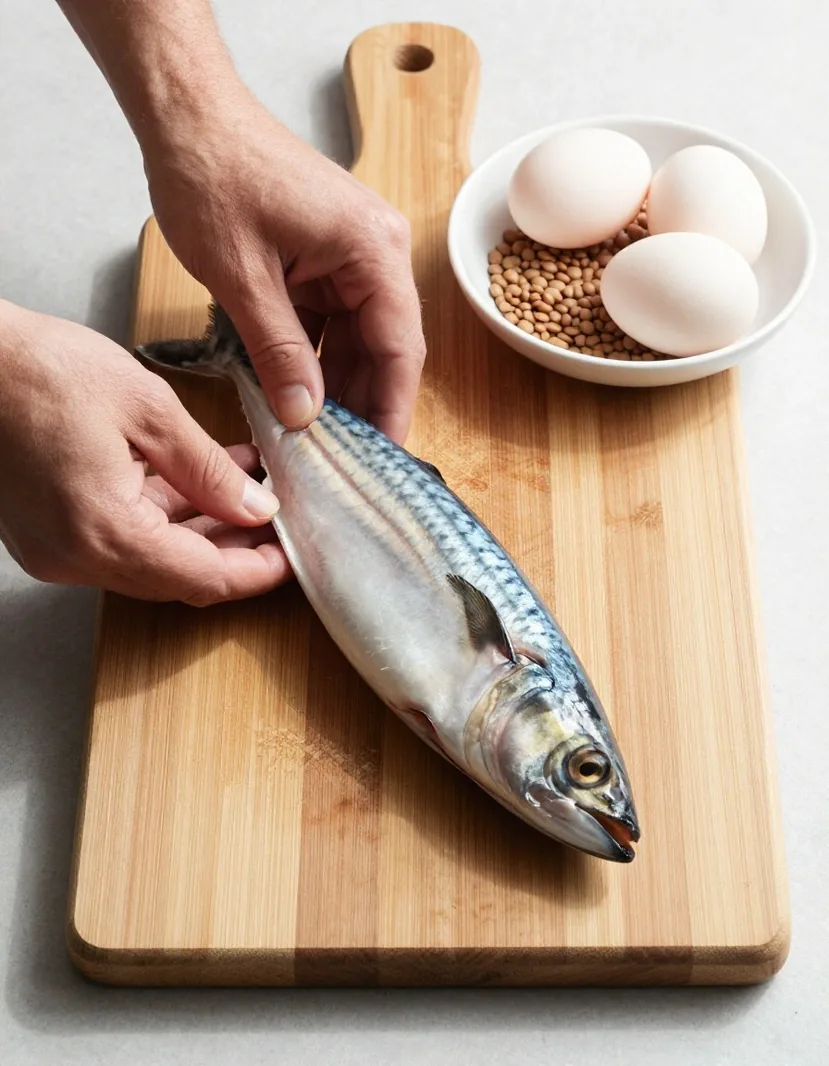 Œuf, poisson frais et lentilles sur un plan de travail en pin