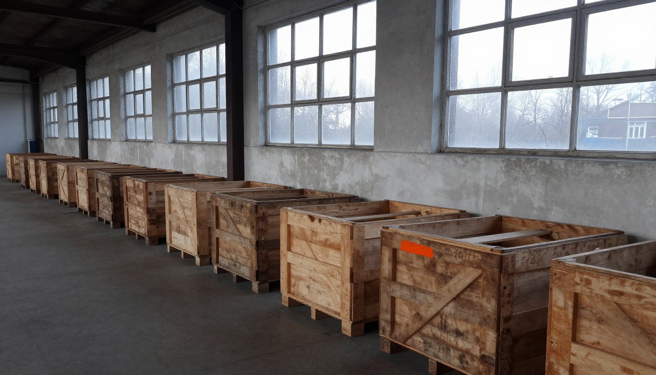 Pre-dawn grey light through warehouse-high windows, falling on raw pine crate faces stacked along a wall; camera at chest height, wide enough to read the stencilled destination labels before the objects. Orange paint cat